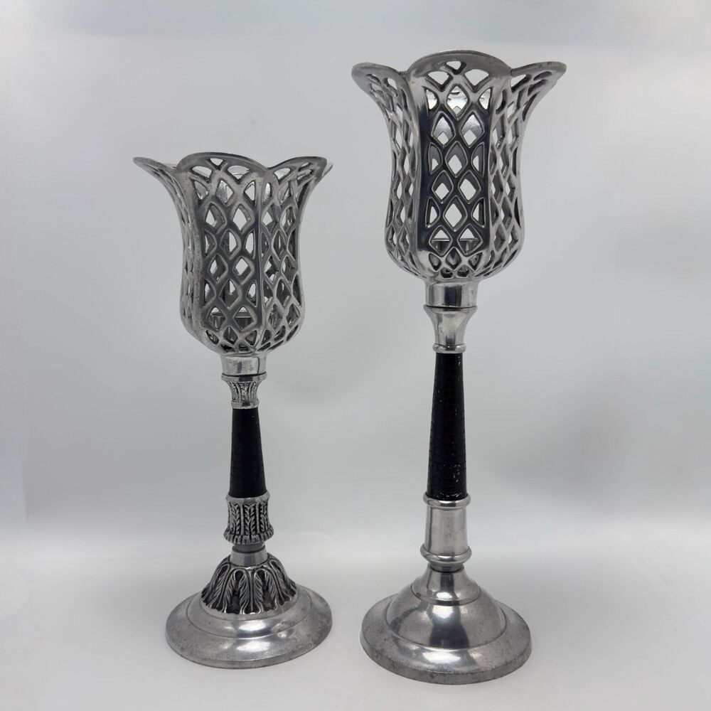 Vintage Silver Plated Hurricane Candlesticks Openwork Lattice Candle Holders 2pc